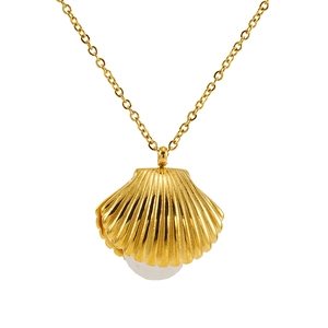 Detail of gold shell pendant necklace with a white pearl on a fine chain link