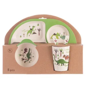 5-piece bamboo fiber dinosaur children tableware set with plate bowl and utensils