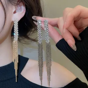 Long Rhinestone Tassel Drop Earrings Copper Jewelry With Steel Earring Post Western Style For Women