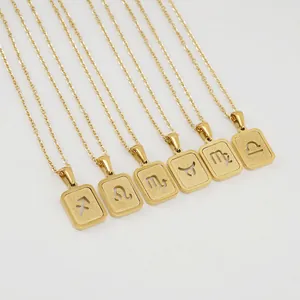 Collier Avec Pendentif Signe Du Zodiaque En Acier Inoxydable Plaqué Or 18K Design Rectangulaire Givré Pour Femmes