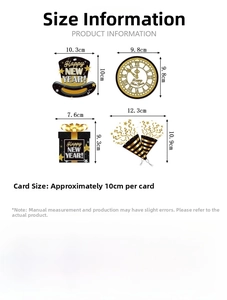 Detailed size specifications for New Year party hanging decorations and paper card dimensions