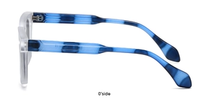 Side view of square sunglasses with blue tortoiseshell and translucent white frames