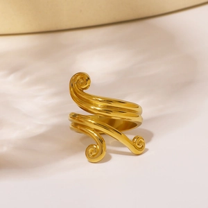 Golden geometric twisted stainless steel open ring with intricate spiral pattern design