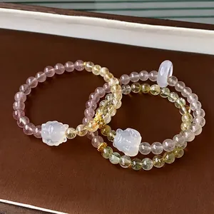 Strawberry Crystal Rutilated Quartz Agate Beaded Bracelet With White Chalcedony Fox Charm For Women Elegant Jewelry