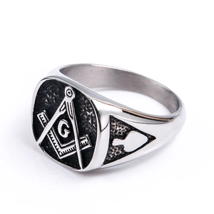 Vintage stainless steel Freemasonry signet ring with G compass and square emblem