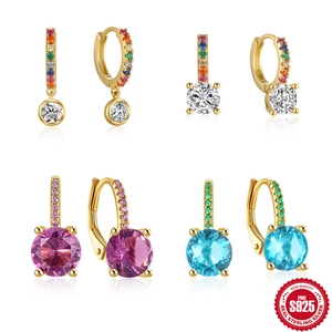 925 Sterling Silver Huggie Hoop Earrings With Round Zircon And Multi Color Rainbow Gemstone Gold Plated For Women