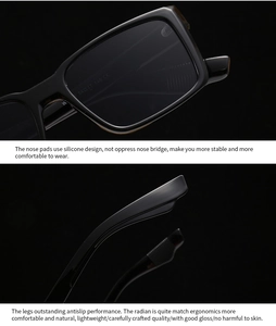 Detail view of black square frame sunglasses with ergonomic nose pads and temples