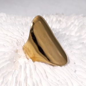 Polished 18k gold adjustable stainless steel wide ring with streamlined shield design