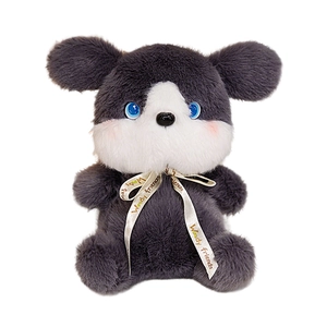 Cute husky plush doll with grey and white fur and a beige ribbon for kids gift