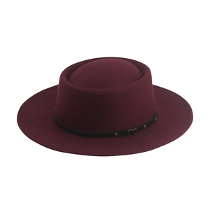Vintage burgundy wool fedora hat with black leather belt and metal buckle detail