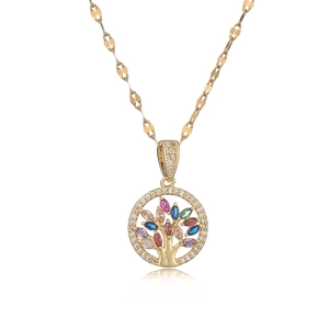 Gold plated tree of life necklace with colorful marquise zircon leaves on white background