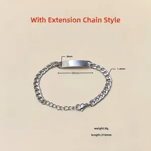 Polished silver stainless steel Cuban link bracelet with engravable blank curved plate