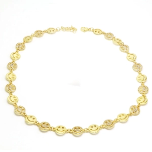 Hip hop style gold smiley face necklace with sparkling zircons and polished chain link