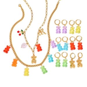 Golden stainless steel bear pendant earrings and necklace set with colorful gummy bear charms