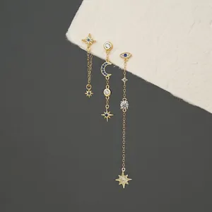 Elegant S925 sterling silver star and moon tassel earrings with evil eye design