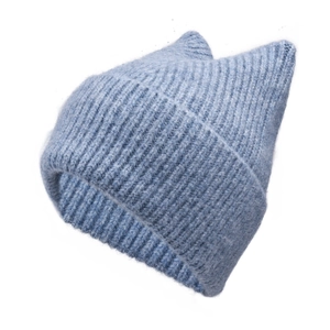 Detail of light blue cat ear knitted beanie showing the ribbed texture and cute design