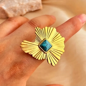 Vintage Jewelry Ginkgo Leaf Ring And Earrings 18K Gold Plated Stainless Steel Turquoise Tiger Eye Stone Bohemian For Women