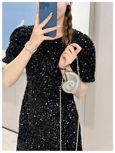 Detailed mirror selfie of silver conch-shaped crossbody bag with metal bead chain