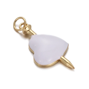Detail view of heart-shaped white enamel pendant with a gold nail accent on white background