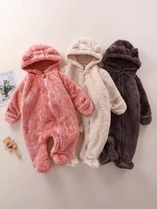 Baby Plüsch Kapuzenoverall Flanell Bärenohr Jumpsuit Mit Fuß Reißverschluss Winter Warme Outdoor Kleidung