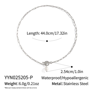 Macro view of stainless steel pearl OT necklace with size details and waterproof features