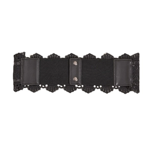Women's wide black lace waist belt with elastic band and double button closure