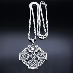 Silver Viking Celtic cross pendant necklace in stainless steel with a round box chain