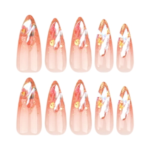 French style long almond press-on nails with pink gradient and orange glitter foil