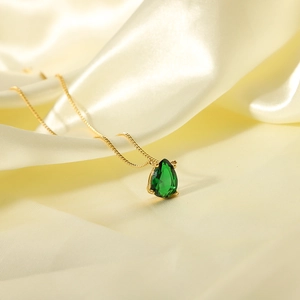 18k gold plated stainless steel necklace featuring a teardrop green zircon pendant