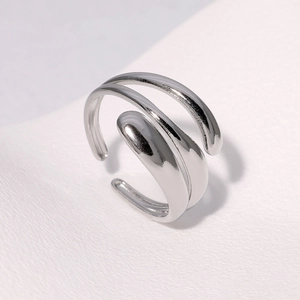 Minimalist silver open ring in polished stainless steel with adjustable band design