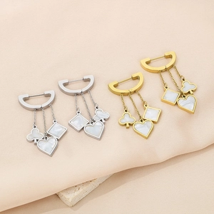 Elegant poker charms heart spade diamond tassel earrings with shell inlay on D-ring
