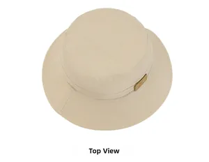 Top view of beige wide-brim sun hat with brown leather label detail on white background