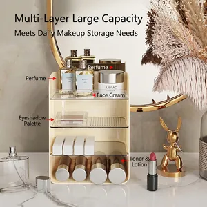 4-tier cream and acrylic cosmetic organizer for perfume and skincare on marble tabletop