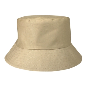 Detailed view of beige cotton fisherman bucket hat fabric texture and round brim