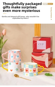 Detail of creative ceramic mug set with heart-shaped handle and artistic gift packaging