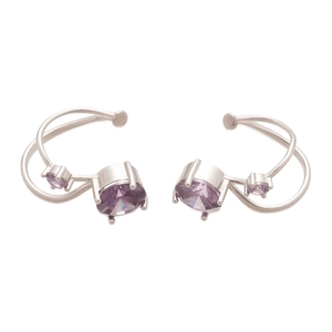 Minimalist double-layered silver ear cuffs featuring round purple cubic zirconia stones
