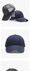 Detail view of breathable mesh baseball caps with adjustable straps in navy and grey