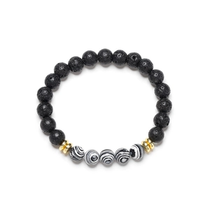 Handmade beaded bracelet with black lava rock and striped beads on white background