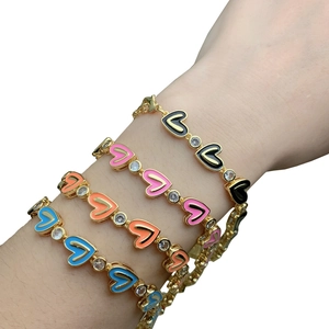 Colorful zircon heart charm bracelet set in black pink orange and blue gold plating