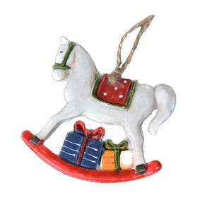 Vintage Christmas rocking horse hanging ornament with festive gift boxes and jute rope
