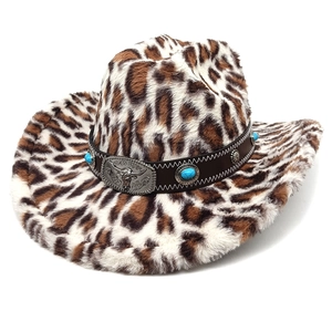 Detailed view of leopard print faux fur cowboy hat with bull head buckle and turquoise stud