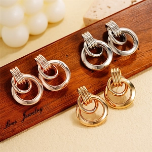 Geometric Hoop Stud Earrings Copper Twisted Cable Texture Nested Double Loop Minimalist Jewelry For Women