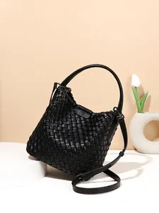 Woven Bucket Bag PU Leather Minimalist Handbag Magnetic Buckle Adjustable Strap Handheld Crossbody Shoulder Bag