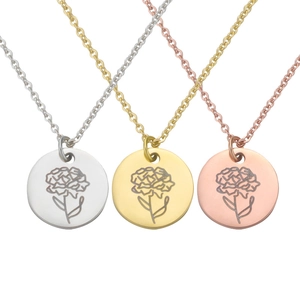 Titanium steel birthday flower necklaces in silver, gold, and rose gold finishes