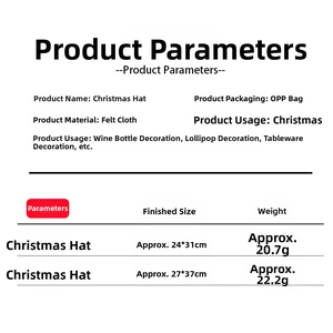 Detailed size chart for red felt Christmas hats showing dimensions and specifications