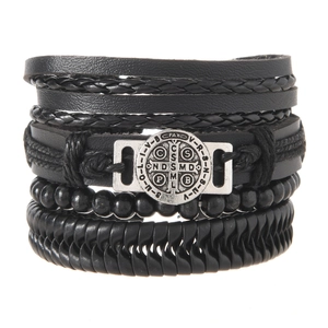 Men's multilayer black leather Viking pirate bracelet set with alloy charms and wooden beads