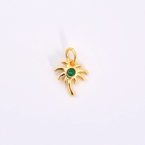 Mini copper coconut tree pendant with green zircon gemstone and gold finish for DIY jewelry