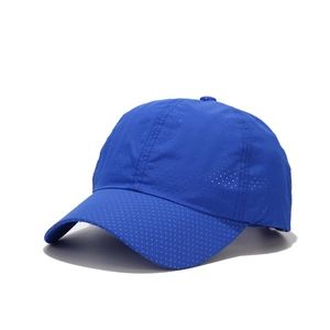 Quick-dry breathable dark blue sports cap with laser-cut ventilation holes and six-panel design