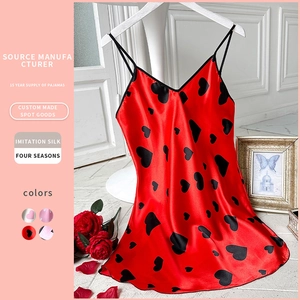 Women Heart Print Satin Nightdress Imitation Satin V-Neck Spaghetti Strap Sleepwear Short Slip Dress Homewear Romantic