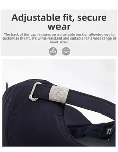 Detail of adjustable metal buckle on navy blue quick-dry baseball cap for secure fit